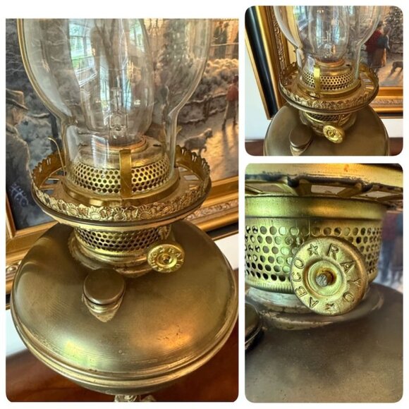 Antique Ornate Brass Parlor Oil Lamp W/ Cherubs Alabaster Base Hand Painted Glas - Picture 9 of 10